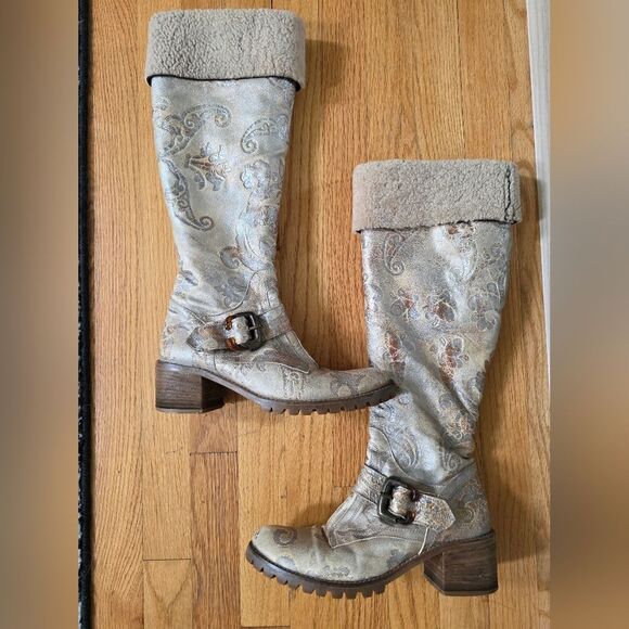 Knee High Embroidered Metallic Bronze Silver Sherpa Lined Rugged Western Boots 8 - Picture 1 of 11